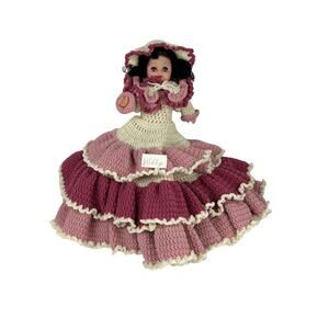 Vintage Doll, Crocheted, Bed Doll Large, Pink and White Dress, Hat, Eyes Close